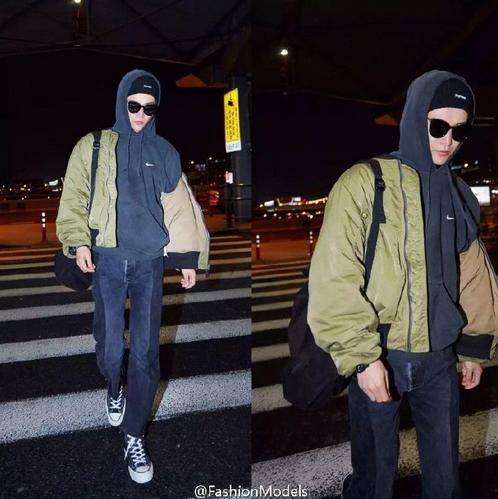 孙坚近期街拍曝光 飞行员外套+帽衫时尚温暖两不误