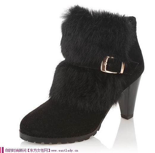兔毛皮带粗跟小短靴 挡不住的诱惑
