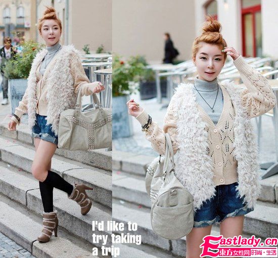 毛茸茸马甲 美女冬日温暖搭配法